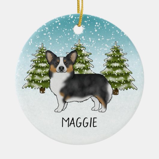 黒の三色のペンブロークコーギドウインターンクリスマス セラミックオーナメント (正面)