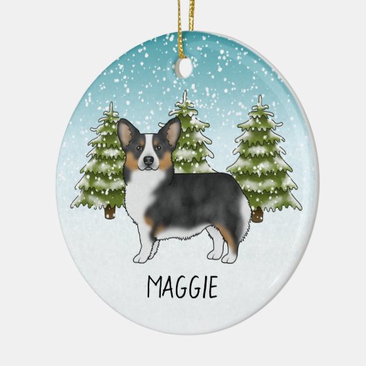 黒の三色のペンブロークコーギドウインターンクリスマス セラミックオーナメント (左)