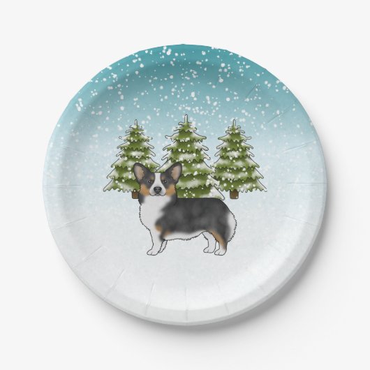 黒の三色のペンブロークコーギドウインターンクリスマス ペーパープレート (正面)