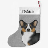 黒の三色ペンブローカウェルシュコーギーの頭と名前 スモールクリスマスストッキング (裏面)