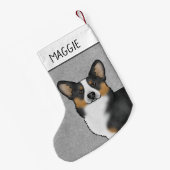 黒の三色ペンブローカウェルシュコーギーの頭と名前 スモールクリスマスストッキング (裏面 (吊り時))