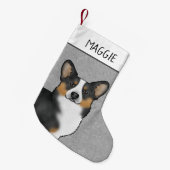 黒の三色ペンブローカウェルシュコーギーの頭と名前 スモールクリスマスストッキング (正面 (吊り時))