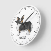 黒の三色ペンブロークのウェルシュコーギーと名前 ラウンド壁時計 (傾斜)
