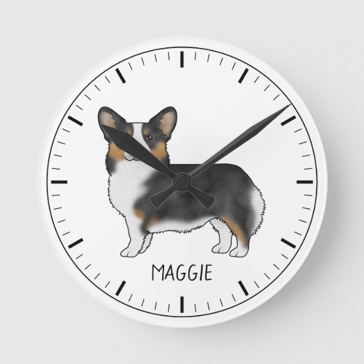 黒の三色ペンブロークのウェルシュコーギーと名前 ラウンド壁時計 (正面)