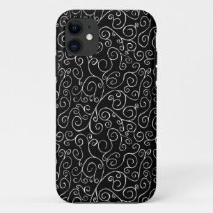 黒の上での白いスクロールカーブ iPhone 11 ケース