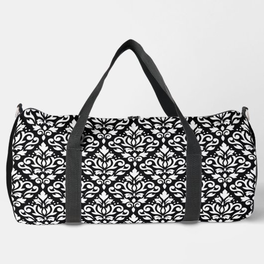 黒の上にダマスクのパターンの白をスクロール ダッフルバッグ (正面)