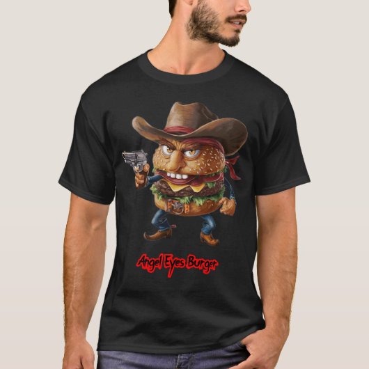 黒の上のファストフードバーガー Tシャツ (正面)