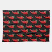 黒の上の赤いペッパーDiva漫画のパターン キッチンタオル (横)