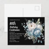 黒の上の青と白の花で80歳の誕生日をお祝い インビテーションポストカード (正面/裏面)
