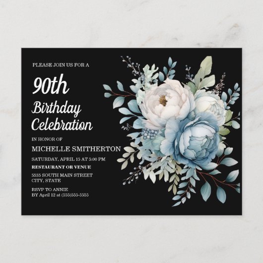 黒の上の青と白の花柄、女性の90歳の誕生日 インビテーションポストカード (正面)