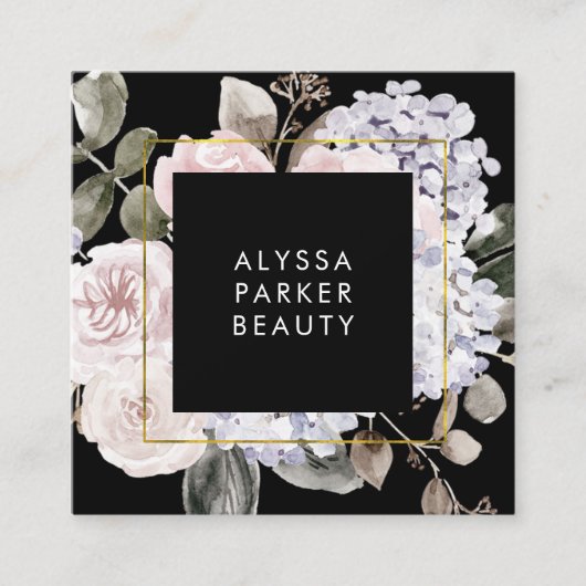 黒の不機嫌なアジサイ|の水彩画の花柄 スクエア名刺 (正面)