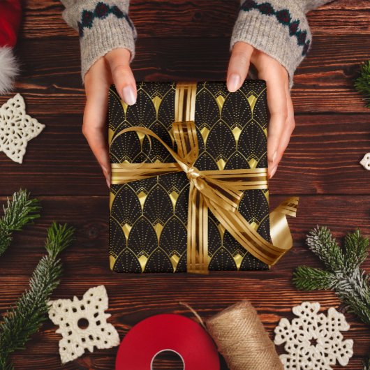 黒の光沢のある金ゴールドアールデコパターン ラッピングペーパー