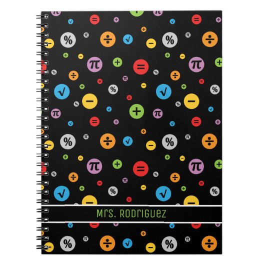 黒の円パタカラフルーンの数学記号 ノートブック (正面)