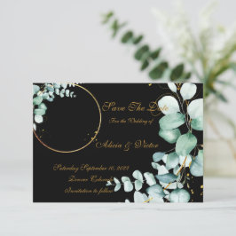 黒の写真にユーカリとゴールド - 日程を保存 招待状