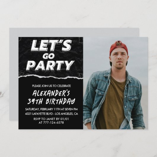 黒の写真 39歳の誕生日招待状 メンズ 招待状 (正面/裏面)