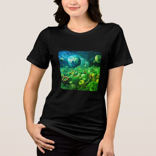 黒の半袖に野菜で支えられた地球 トライブレンドTシャツ (正面)