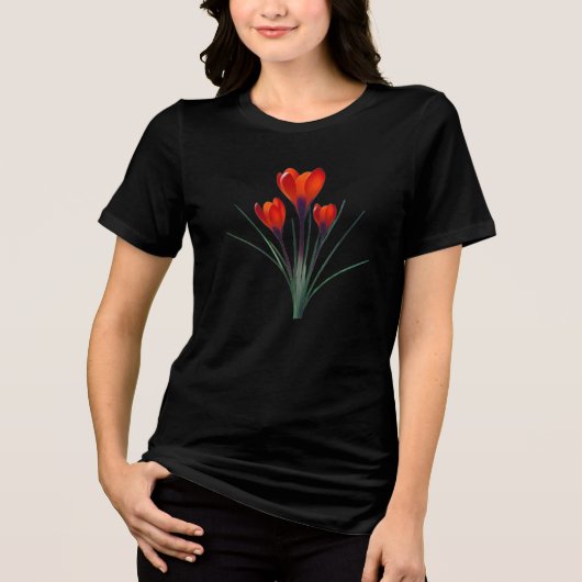 黒の半袖の女性の服に鮮やかな赤いチューリップ トライブレンドＴシャツ (正面)
