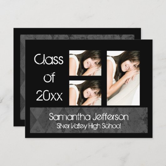 黒の卒アーガイル柄の業案内、3枚 招待状 (正面/裏面)