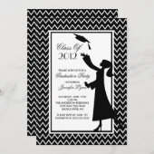 黒の卒モダン業招待状シルエットグラッド 招待状 (正面/裏面)