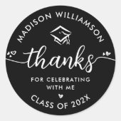 黒の卒業モダン感謝スクリプトハートキャップ ラウンドシール (正面)