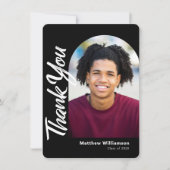 黒の卒業写真アーはっきりしたチホワイトスクリプトタイプ サンキューカード (正面)