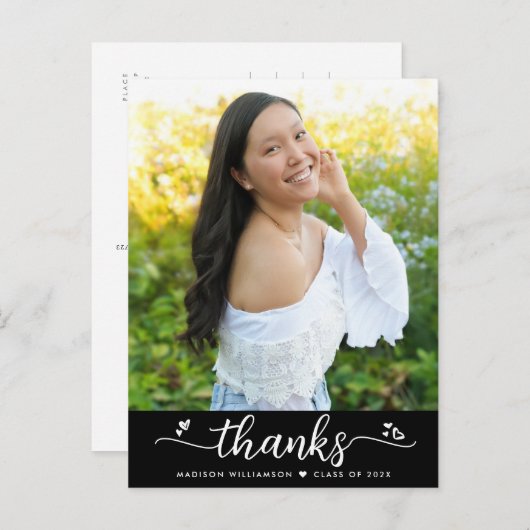 黒の卒業写真スクリプトハートありがとう ポストカード (正面/裏面)