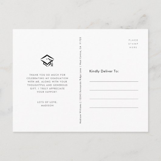 黒の卒業写真スクリプトハートありがとう ポストカード (裏面)