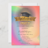 黒の卒業帽と虹色のカラフルな卒業パーティー 招待状 (正面)