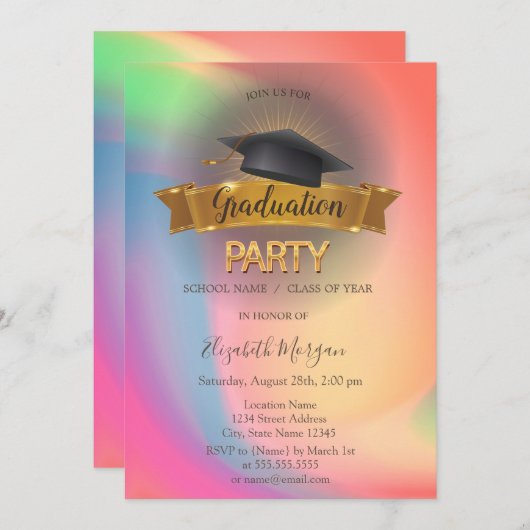 黒の卒業帽と虹色のカラフルな卒業パーティー 招待状 (正面/裏面)