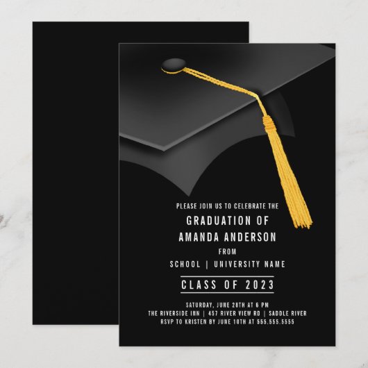 黒の卒業帽 黒の卒業パーティー招待状 招待状 (正面/裏面)