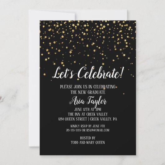 黒の卒業式にゴールドのコンフェッティを お祝いしよう 招待状 (正面)