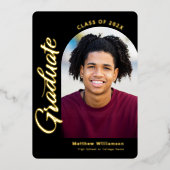 黒の卒業式4フォトアはっきりしたーチパーティー実在金ゴールド 箔招待状 (正面)