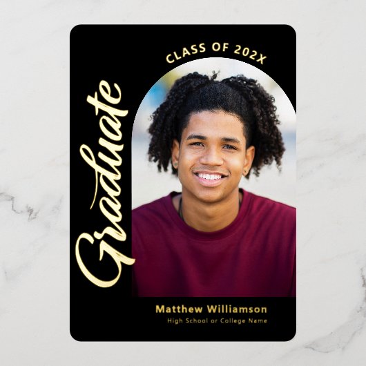 黒の卒業式4フォトアはっきりしたーチパーティー実在金ゴールド 箔招待状 (正面)