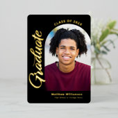 黒の卒業式4フォトアはっきりしたーチパーティー実在金ゴールド 箔招待状 (立ち正面)