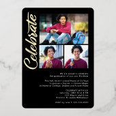 黒の卒業式4フォトアはっきりしたーチパーティー実在金ゴールド 箔招待状 (裏面)