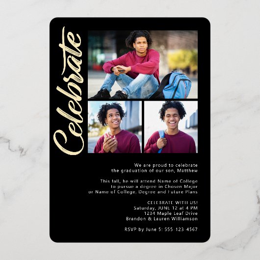 黒の卒業式4フォトアはっきりしたーチパーティー実在金ゴールド 箔招待状 (裏面)