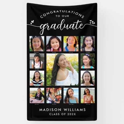 黒の卒業式K-12スクリプモダント写真コラージュ 横断幕 (縦)