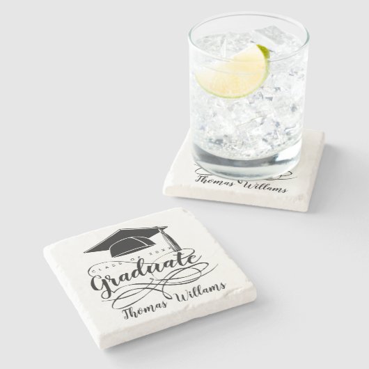 黒の卒業記号の追加名と年 ストーンコースター (横)