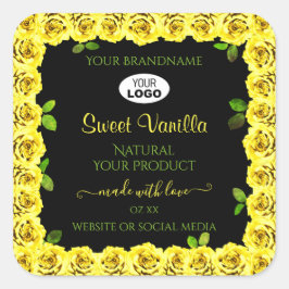黒の商品ラベルに黄色のバラのフレームとロゴ スクエアシール