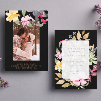 黒の大きなフローラフレーム水結婚色の写真 セーブザデート