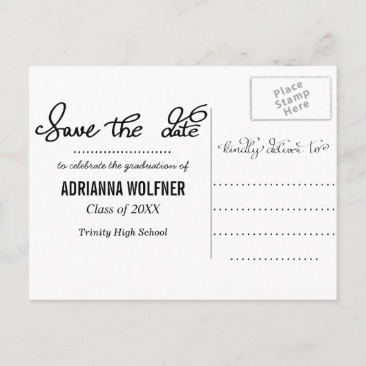 黒の大学院タイポグラフィ|日付の写真を保存します 案内ポストカード (裏面)