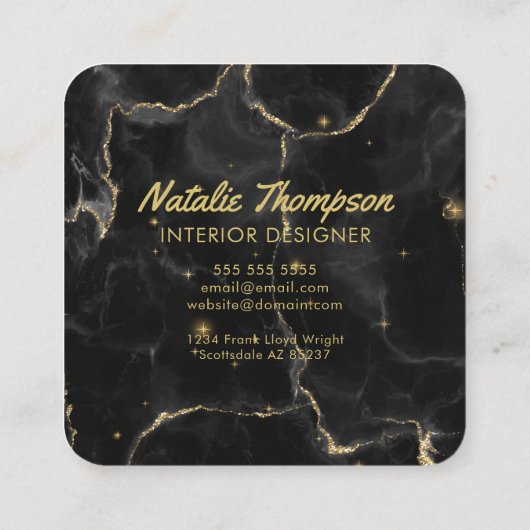 黒の大理石金ゴールドエレガントグリッター前面と背面 スクエア名刺 (裏面)