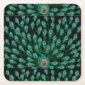 黒の孔雀の羽を持つイラストレーション スクエアペーパーコースター (正面)