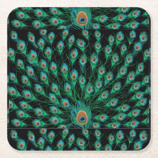 黒の孔雀の羽を持つイラストレーション スクエアペーパーコースター (正面)