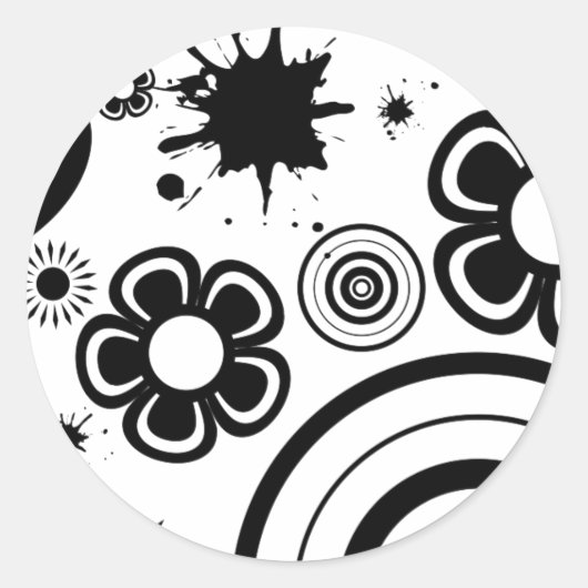 黒の幻想的な花と円とスプラッターパターン ラウンドシール (正面)