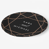 黒の幾何学的な結婚式|ののどのばら色の金ゴールド ペーパープレート (アングル)