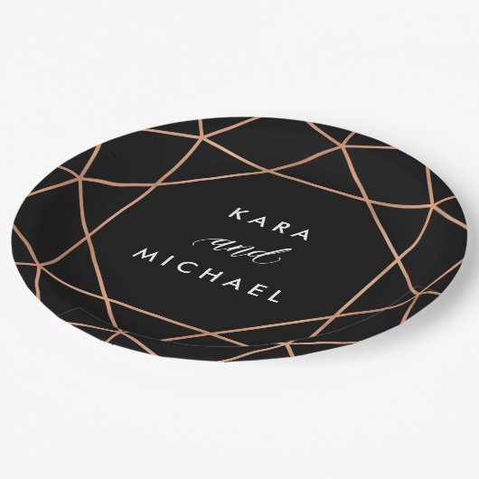 黒の幾何学的な結婚式|ののどのばら色の金ゴールド ペーパープレート (アングル)