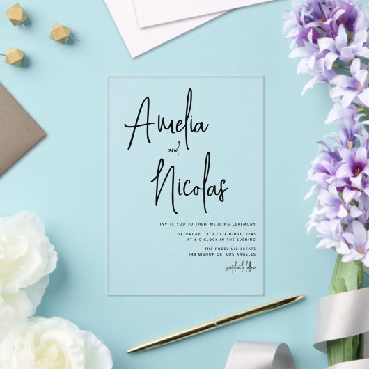 黒の手書きスクリプト結婚ミニマル アクリル招待状 (インサイチュ (ウェディング))