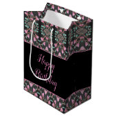 黒の抱き枕パターン(の模様が)ある(ティール(緑がかった色)とピンクのアクセント) ミディアムペーパーバッグ (正面アングル)