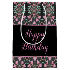 黒の抱き枕パターン（の模様が）ある(ティール（緑がかった色）とピンクのアクセント) ミディアムペーパーバッグ